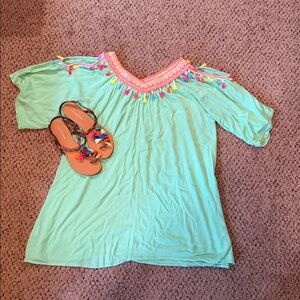 Velzera Mint Green Cold-Shoulder Mini Dress with Neon Tassel Trim